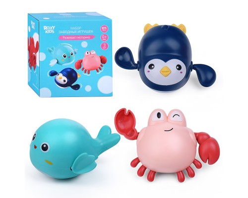Игрушки для ванной заводные 3 шт (птичка, краб, пингвин)