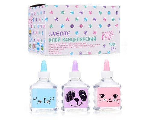 Клей канцелярский "100% Cute" на водной основе 100 г в пластиковой бутылочке с пластиковым аппликатором