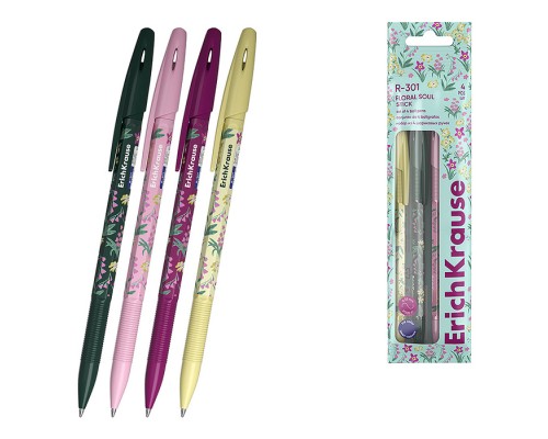 Набор из 4 ручек шариковых R-301 Stick Floral Soul 0.7, цвет чернил синий (в пакете)