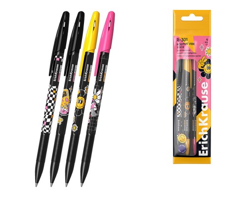 Набор из 4 ручек шариковых R-301 Stick Positive Vibe 0.7, цвет чернил синий (в пакете)
