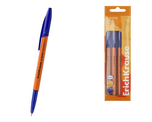 Набор из 4 ручек шариковых ErichKrause Slender Stick Orange 0.7, Super Glide Technology, цвет чернил синий (в пакете)