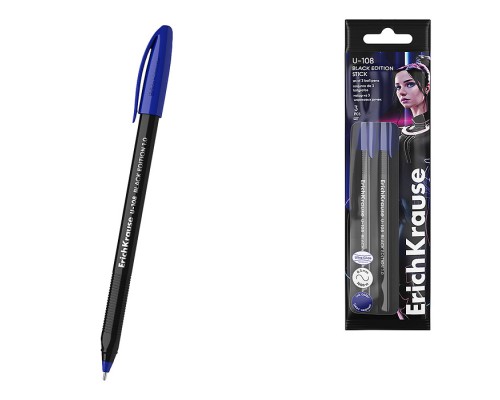 Набор из 3 ручек шариковых U-108 Stick Black Edition, 1.0, Ultra Glide Technology, цвет чернил синий (в пакете)
