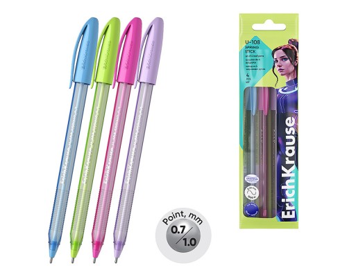 Набор из 4 ручек шариковых ErichKrause U-108 Stick Spring 0.7, Ultra Glide Technology, цвет чернил синий (в пакете)
