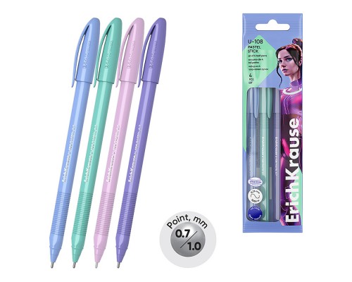 Набор из 4 ручек шариковых U-108 Stick Pastel, 0.7, Ultra Glide Technology, цвет чернил синий (в пакете)