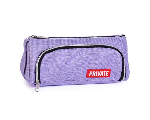 Пенал "Private" 21x8,5x8,5 см, треугольный для 70 предметов, текстильный, на молнии, с ручкой, наружный объемный карман на молнии с плавающей перегородкой, с каучуковой аппликацией, сиреневый