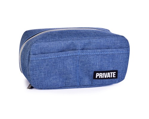 Пенал "Private" 21x10x7 см, прямоугольный для 80 предметов, плотный износостойкий полиэстер с водоотталкивающей пропиткой, на молнии, 3 внутренних отделения с перегородками, 2 внешних кармана открытого типа, с каучуковой аппликацией, темно-синий