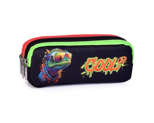 Пенал "Cool Lizard" 21x8,5x5,5 см, прямоугольный для 60 предметов, плотный износостойкий полиэстер с водоотталкивающей пропиткой, 3 отделения на молнии, с молниями 3-х цветов