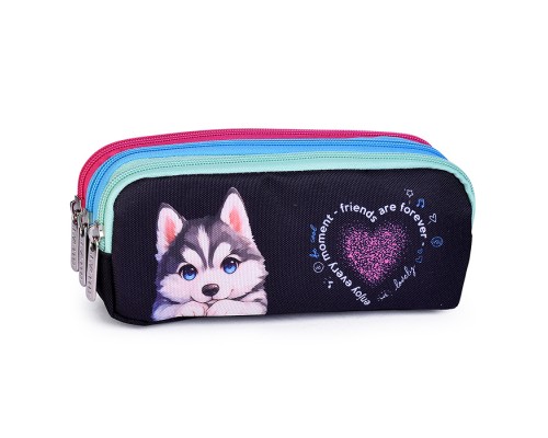 Пенал "Cute Husky" 21x8,5x5,5 см, прямоугольный для 60 предметов, плотный износостойкий полиэстер с водоотталкивающей пропиткой, 3 отделения на молнии, с молниями 3-х цветов