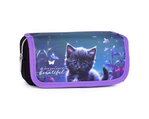 Пенал "Beautiful Cat" 20,5x9,5x7 см, прямоугольный для 40 предметов, отделение на молнии, наружный карман на молнии, с верхней створкой на липучке, плотный износостойкий полиэстер с водоотталкивающей пропиткой
