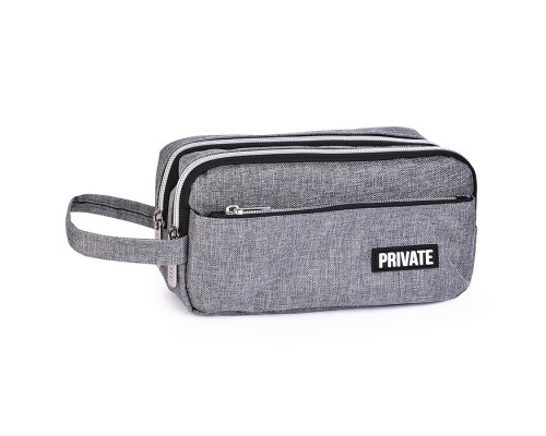 Пенал "Private" 22,5x11x9 см, прямоугольный для 80 предметов, плотный износостойкий полиэстер с водоотталкивающей пропиткой, с 2-мя отделениями на молнии, наружный объемный карман на молнии, с аппликацией из каучука, с ручкой-петлей, серый