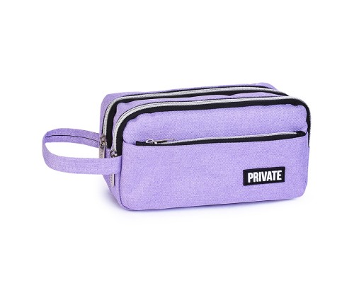 Пенал "Private" 22,5x11x9 см, прямоугольный для 80 предметов, плотный износостойкий полиэстер с водоотталкивающей пропиткой, с 2-мя отделениями на молнии, наружный объемный карман на молнии, с аппликацией из каучука, с ручкой-петлей, сиреневый