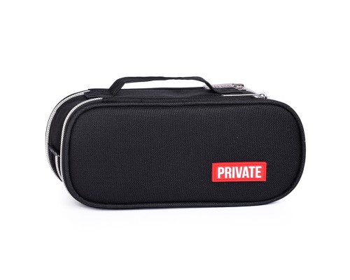 Пенал "Private" 22x9x8 см, овальный для 100 предметов, 3 отделения на молнии, 2 отделения с внутренним органайзером, текстильный, с ручкой, с каучуковой аппликацией, черный