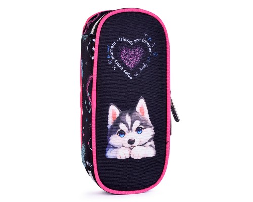 Пенал "Cute Husky" 21x8x5 см, овальный для 50 предметов, с внутренним органайзером-створкой, плотный износостойкий полиэстер с водоотталкивающей пропиткой, на молнии