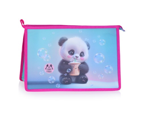 Папка для тетрадей "Yummy Panda" A4 (330x230x100 мм) с текстильным расширением 100 мм, на молнии сверху, 400 мкм, матовая полупрозрачная с рисунком, с искрящейся фактурой, индивидуальная упаковка
