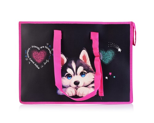Папка для чертежей и рисунков "Cute Husky" A3 (467x338x100 мм) 500 мкм, с расширением 10 см, с внутренним карманом на молнии для кистей, с регулируемыми ручками, с рисунком, индивидуальная упаковка