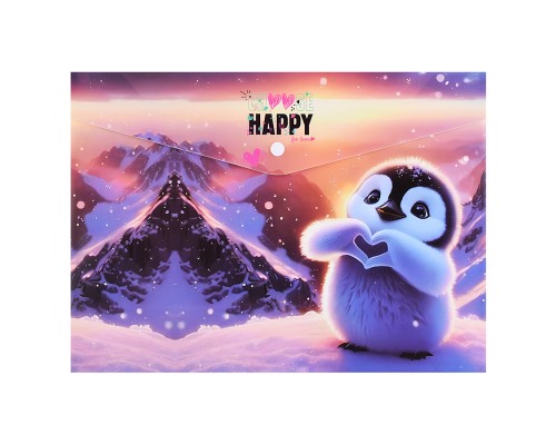 Папка-конверт на кнопке "Happy Pinguin" A4 (330x235 мм) 180 мкм, непрозрачная с рисунком, фактура песок, индивидуальная маркировка