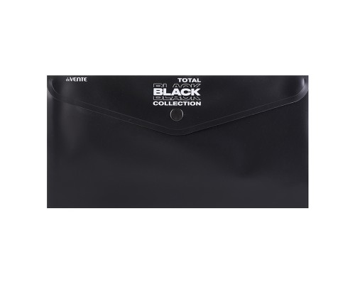 Папка-конверт на кнопке "Total black" Travel-size DL (260x140 мм) 180 мкм, непрозрачная черная с дизайном, индивидуальная маркировка