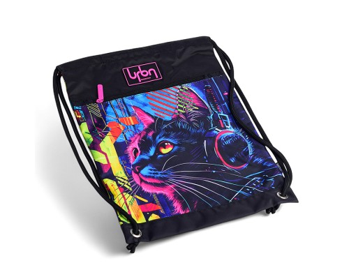 Сумка для сменной обуви и спортивных секций "Label. Cyber Cat" 33x46 см, плотный износостойкий полиэстер с водоотталкивающей пропиткой, большой передний карман на молнии, аппликация из каучука, на веревочной завязке, с 2-мя ручками для повеса и 