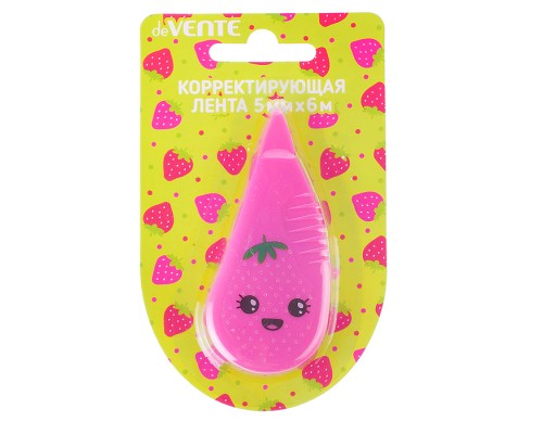 Корректирующая лента "Strawberry" 5 ммx06 м, регулировка натяжения ленты, розовый непрозрачный корпус, фронтальный аппликатор, в картонном блистере