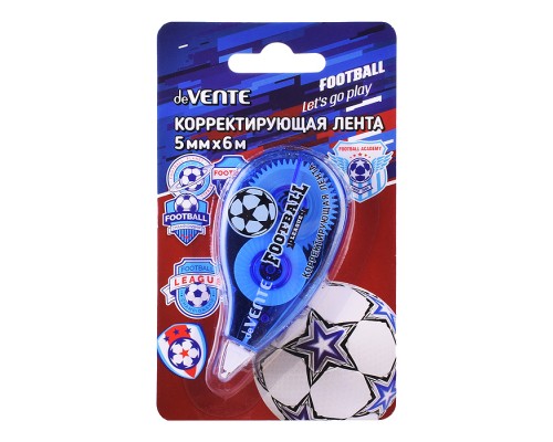Корректирующая лента "Football" 5 ммx06 м, регулировка натяжения ленты, синий прозрачный корпус, фронтальный аппликатор, в картонном блистере