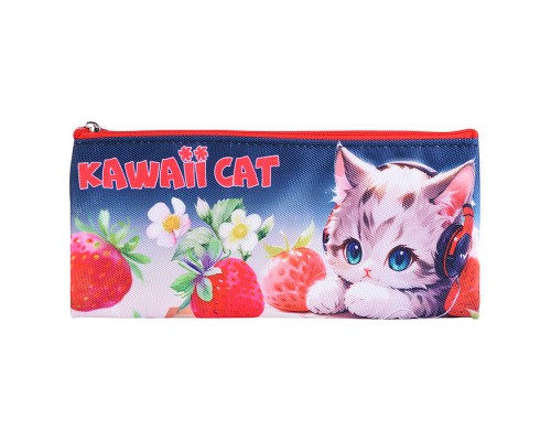 Пенал "Kawaii Cat" 21,5x9x1 см, плоский для 35 предметов, плотный износостойкий полиэстер с водоотталкивающей пропиткой, на молнии