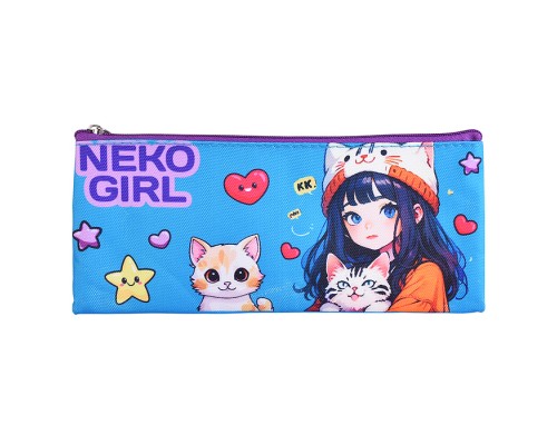 Пенал "NekoGirl" 21,5x9x1 см, плоский для 35 предметов, плотный износостойкий полиэстер с водоотталкивающей пропиткой, на молнии