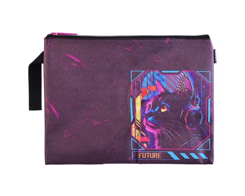 Папка для тетрадей "Label. Cyber Cat" A4 (34,5x25,5x1,5 см) на молнии сверху, с ручкой, искусственная кожа до -40C с антивандальной фактурой, с подкладом