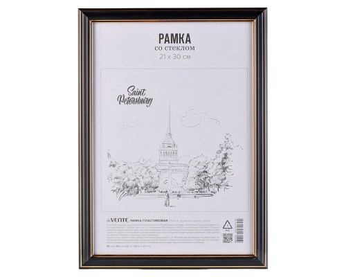 Рамка пластиковая 21x30 см, формат A4, серия 2, стекло, задняя панель - переплетный картон, с креплением для подвеса, черный, в термоусадочной пленке