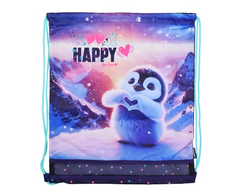 Сумка для сменной обуви "Happy Pinguin" 40x47 см, водоотталкивающая ткань, на веревочной завязке, с вставкой из пластиковой сетки для вентиляции, с петлей для повеса и переноски