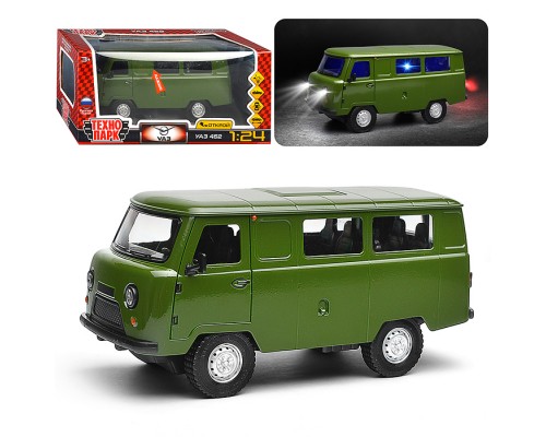 Машина металл UAZ УАЗ 452, 18,5 см, (свет-звук, двер. люк, баг,зеленый) инерц., в коробке