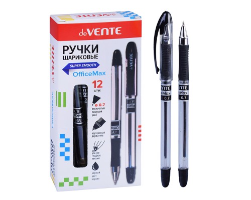 Ручка шариковая "OfficeMax" d=0,7 мм, ультра гладкое письмо, чернила на масляной основе, прозрачный корпус с каучуковым держателем, игольчатый пишущий узел, сменный стержень, индивидуальная маркировка, в картонной коробке, черная