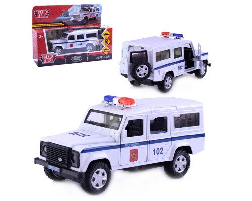 Машина металл Land Rover, Defender Полиция 12 см, (двери, баг, белый,)инерц., в коробке