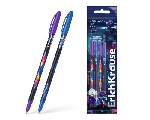 Набор из 4 ручек шариковых Neo® Stick Cyber Game 0.7, Super Glide Technology, цвет чернил синий