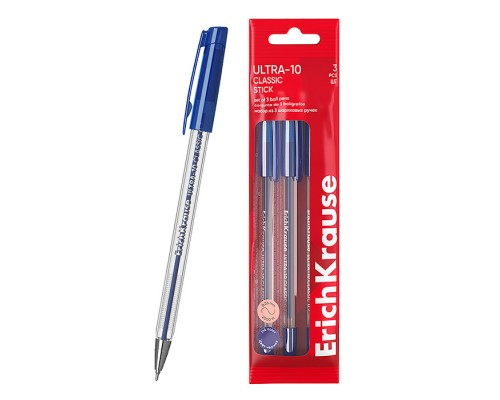 Набор из 3 ручек шариковых ULTRA-10 Stick Classic 0.7, Super Glide Technology, цвет черный