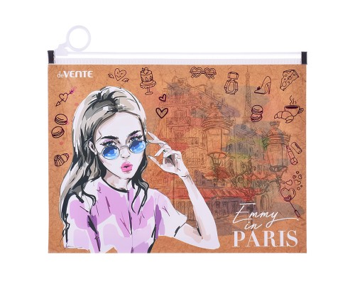 Папка на молнии с расширением "Emmy in Paris" A5 (240x180x25 мм) 180 мкм, фактура крафт-имитация с рисунком, тиснение фольгой, индивидуальная маркировка