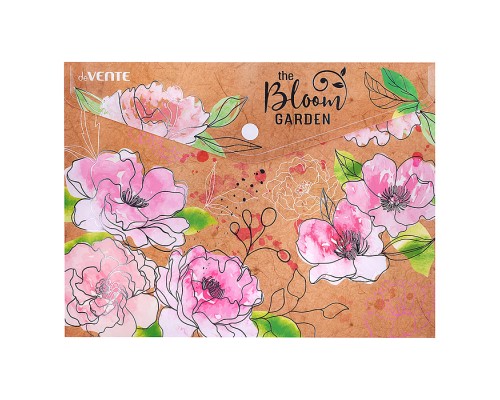 Папка-конверт на кнопке "Bloom Garden" A5 (240x180 мм), 180 мкм, фактура крафт-имитация с рисунком, с тиснением фольгой, индивидуальная маркировка