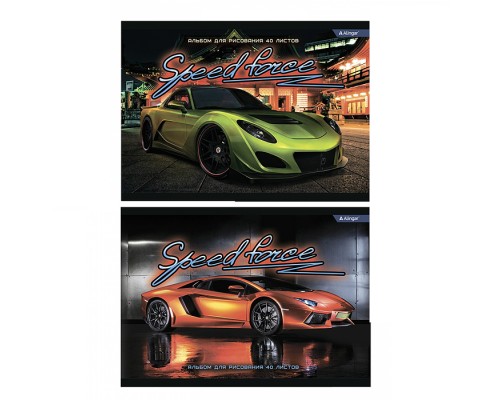 Альбом для рисования А4 40л. "Speed force" ,на скрепке ,мелованный картон(стандарт) 210г/м2, офсет 100 г/м2,2, 2 дизайна в пленке т/у
