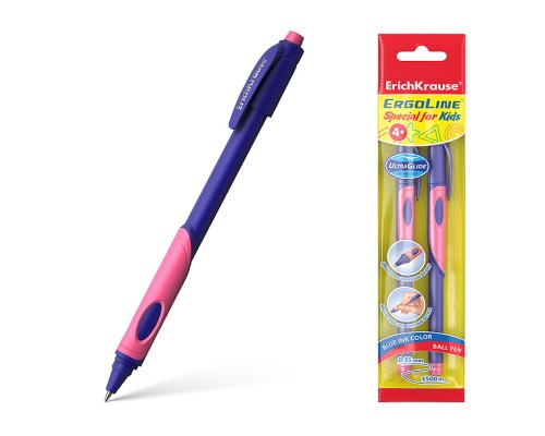 Набор из 2 ручек шариковых ErgoLine® Kids Stick&Grip Neon 0.7, Super Glide Technology, цвет чернил синий, розов грип (в пакете)