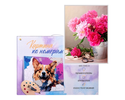 Холст с красками 30х40 по номерам (19цв.) "Свежесобранные розовые пионы"