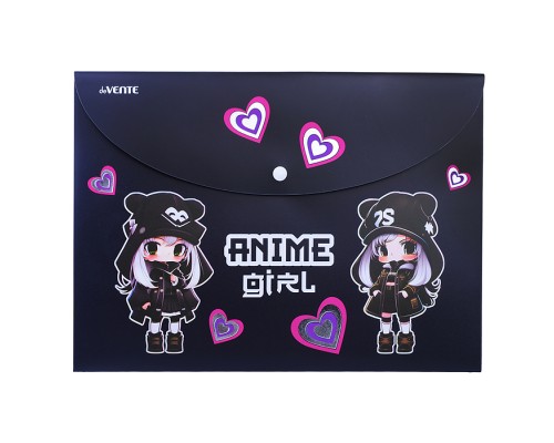 Папка-конверт на кнопке "Anime Girl" A4 (335x235 мм) 300 мкм, тиснение серебристой фольгой, индивидуальная упаковка