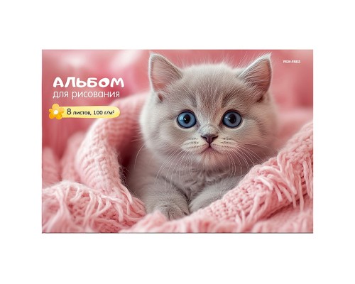 Альбом для рисования 8л. "Котенок в розовом пледе" скрепка