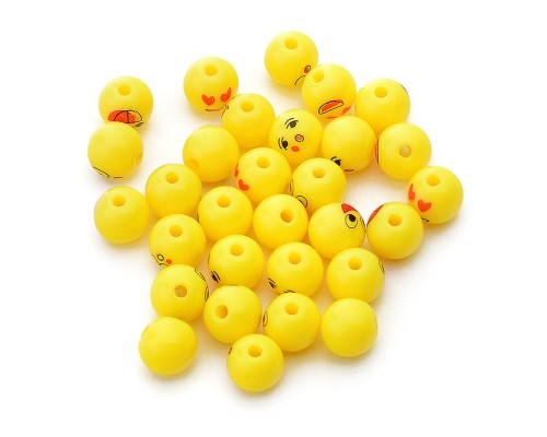 Бусины декоративные "Emoji" пластиковые, размер 0,8 см, 30 шт, желтые, с принтом, в пластиковом пакете с блистерным подвесом