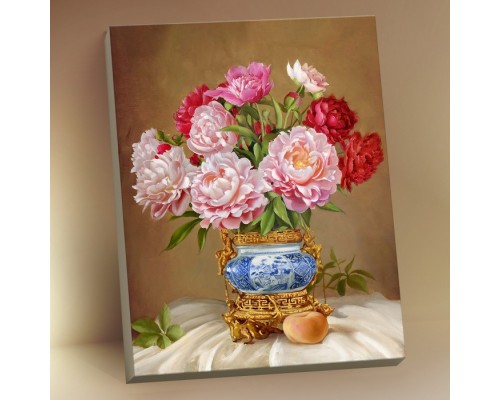 Картина по номерам 40х50 "Бузин. Пионы в Китайской фарфоровой вазочке" с поталью (28 цветов)