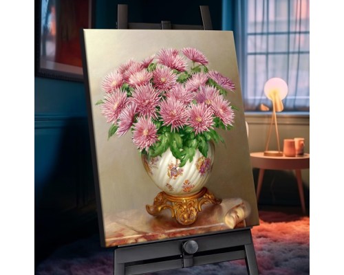 Картина по номерам 40х50 "Бузин. Розовые астры" с кристаллами из хрусталя (27 цветов)