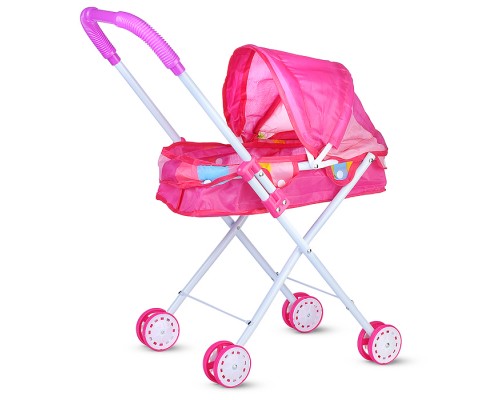 Коляска для кукол (металлическая, складная, прогулочная с капюшоном, цвет розовый) в пакете