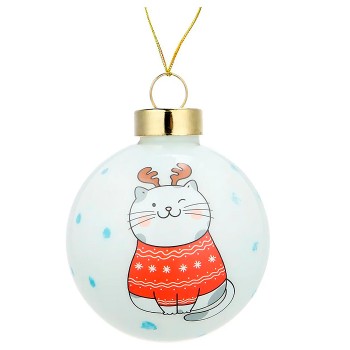 Новогоднее украшение. Елочный стеклянный шар "Котик в свитерке" 6см