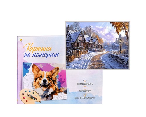Холст с красками 22х30 по номерам "Зимняя деревня в Германии" в коробке (16цв.)