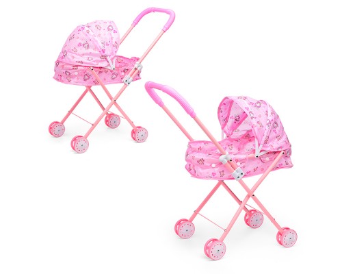 Коляска кукольная (металлическая, складная, прогулочная с капюшоном, цвет розовый, с принтом) в пакете