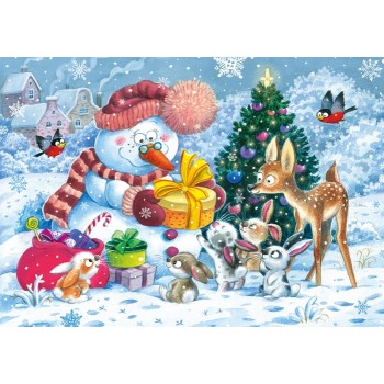 Пазл 104 "Снеговик и зайчата"