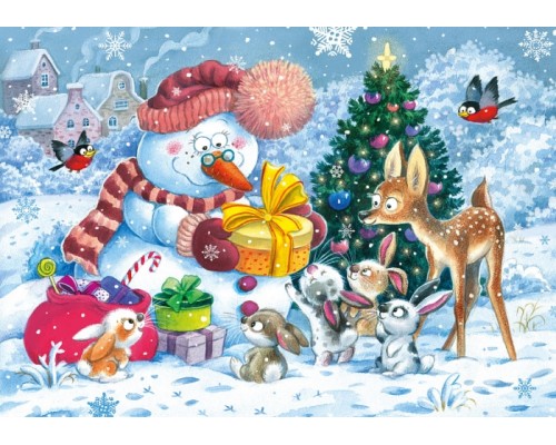 Пазл 104 "Снеговик и зайчата"